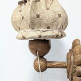 Pair of carved pine wall lights with jute shades, Swedish design, 1970s