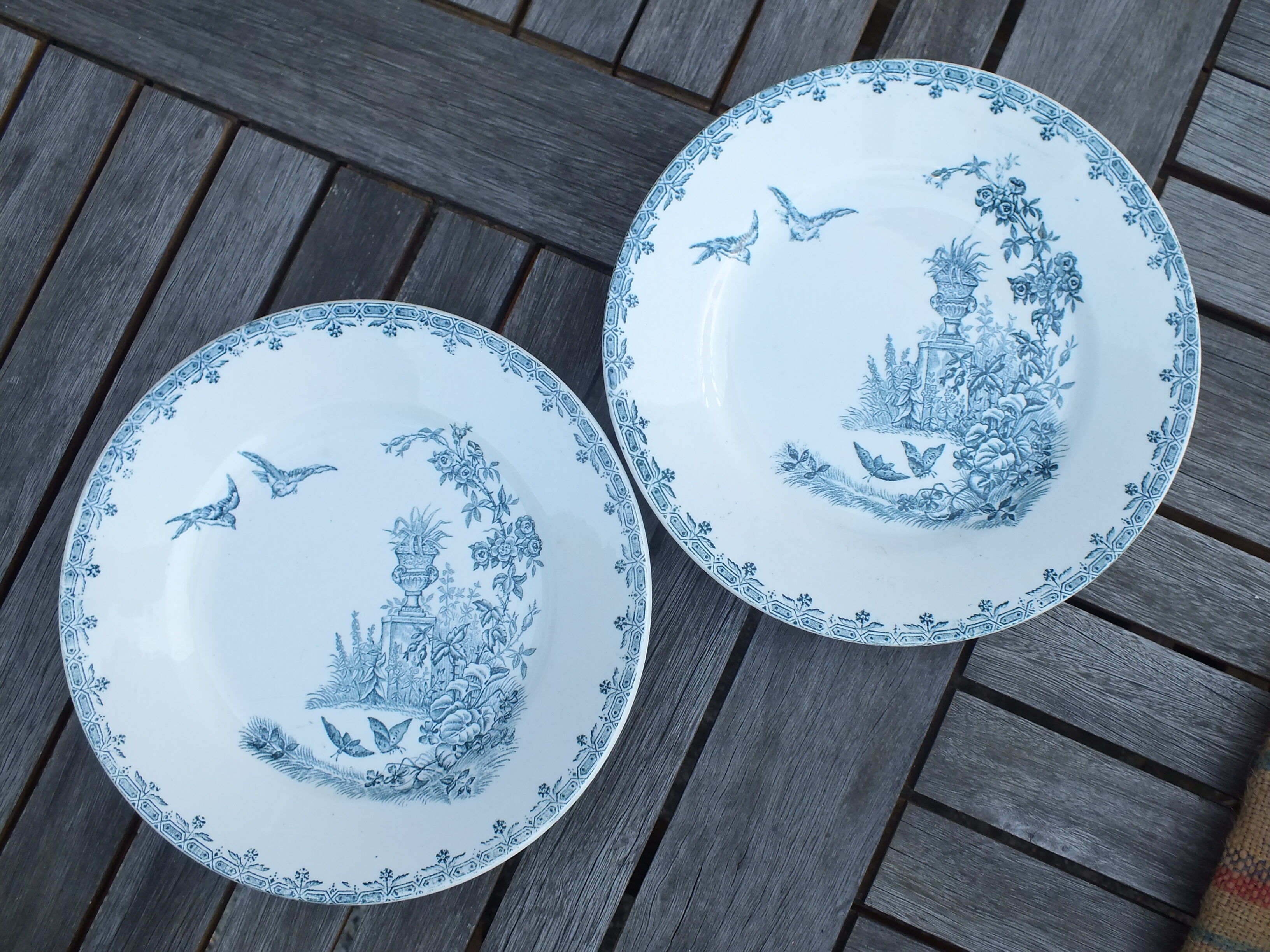 Duo of old plates in Iron Earth decorated with birds and butterflies