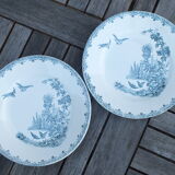 Duo of old plates in Iron Earth decorated with birds and butterflies
