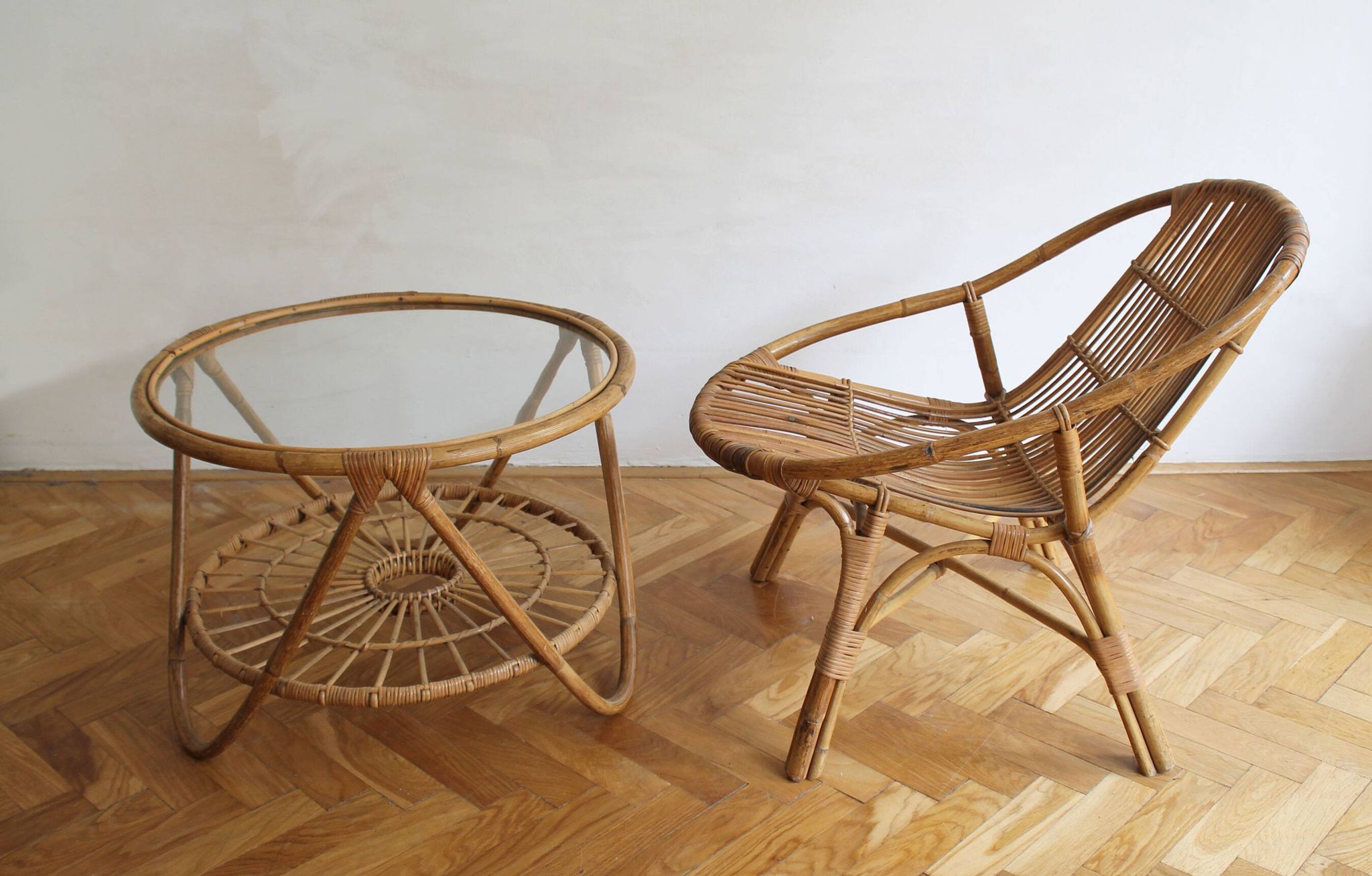 1960's Set of Four Rattan Armchairs and Side Table by Jaroslav Prochazka for ULUV