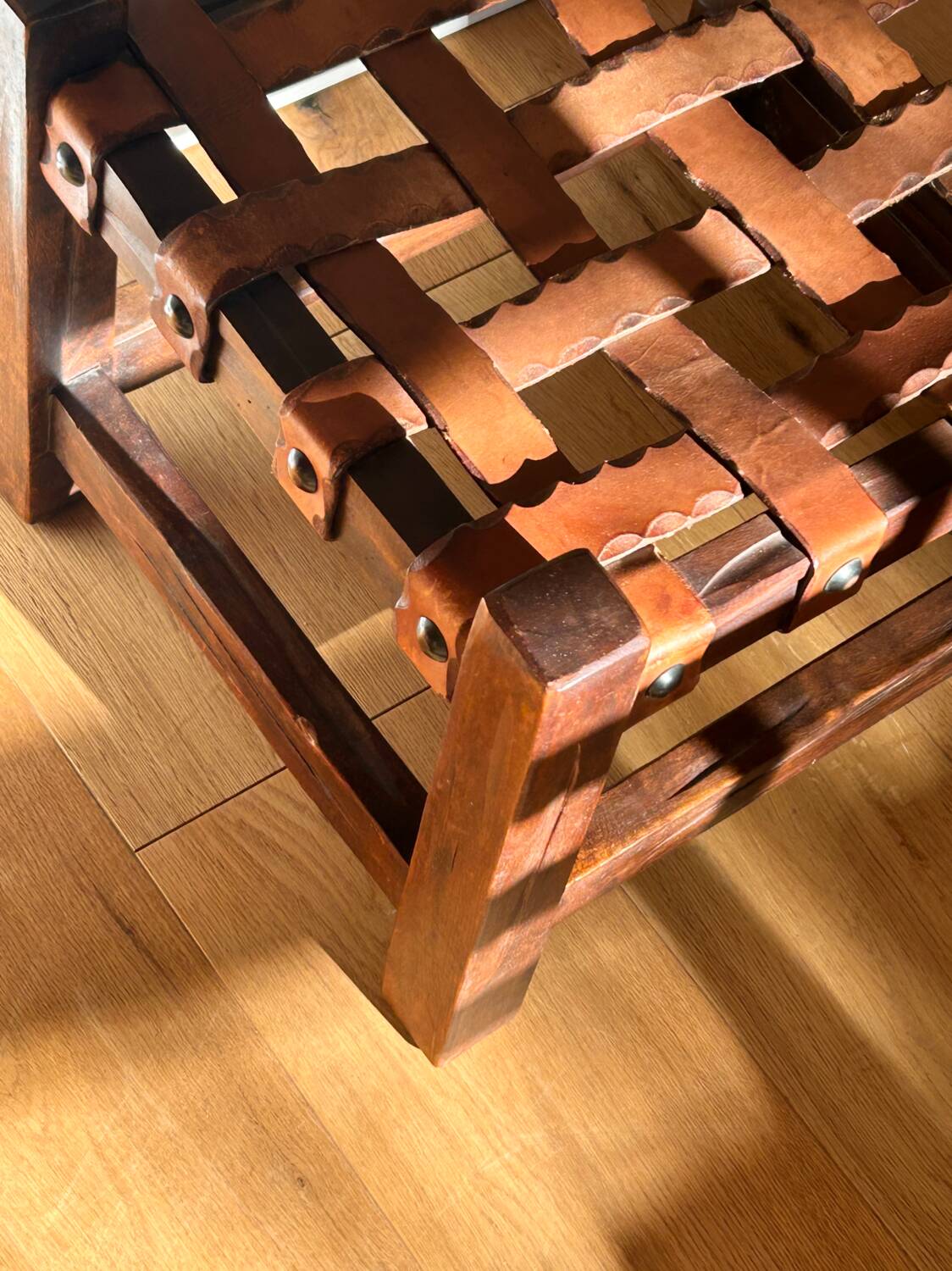 Wooden Brazilian Brutalist Leather Foot Stool Pouf