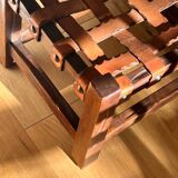 Wooden Brazilian Brutalist Leather Foot Stool Pouf