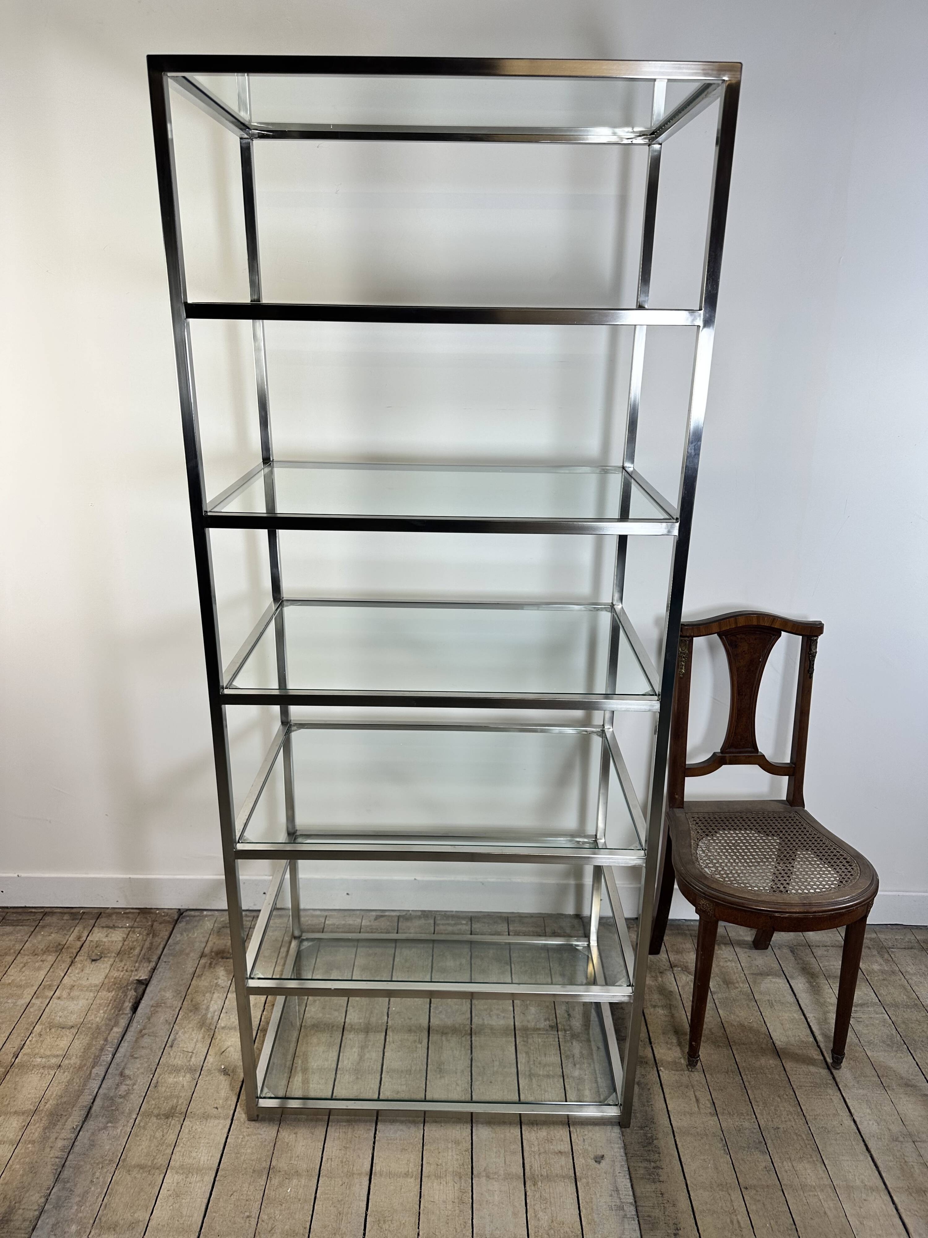 1980s stainless steel and glass bookcase shelf
