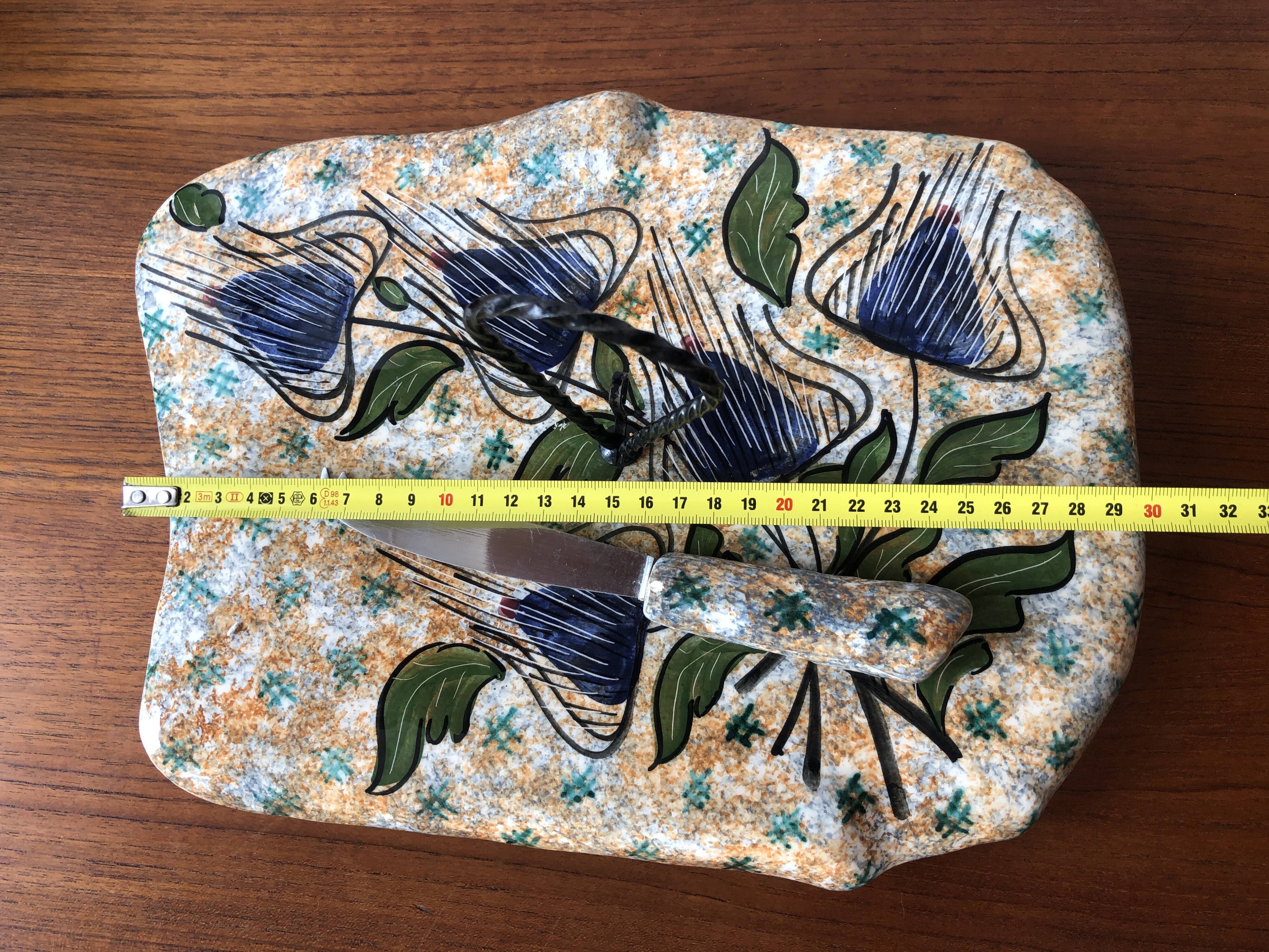 Cheese platter in Vallauris earthenware vintage with its knife
