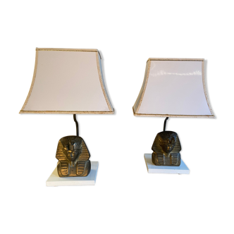 Pair of vintage gilded bronze lamps, pharaoh's face, 1970