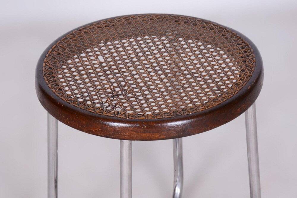 Bauhaus Stool in Chrome & Rattan attributed to Robert Slezák, Czech, 1930s