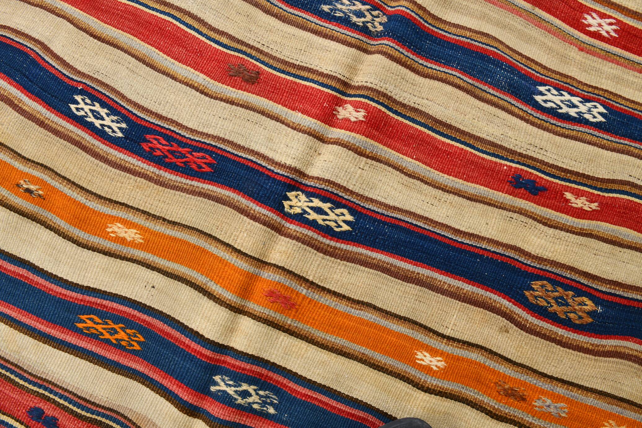 Cream Blue Striped Pattern Vintage Kilim Rug, 162x267Cm