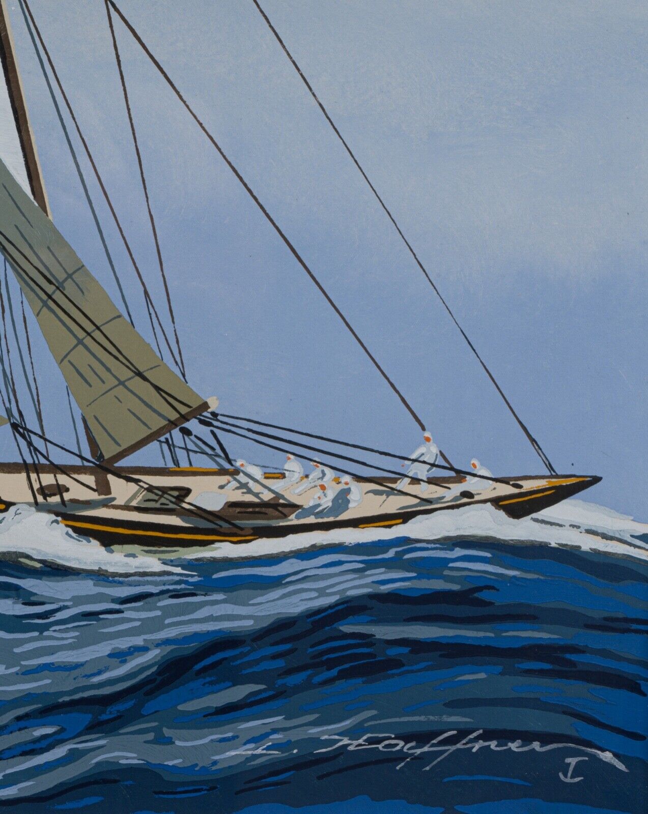 Stencil gouache by leon haffner representing a regatta boat