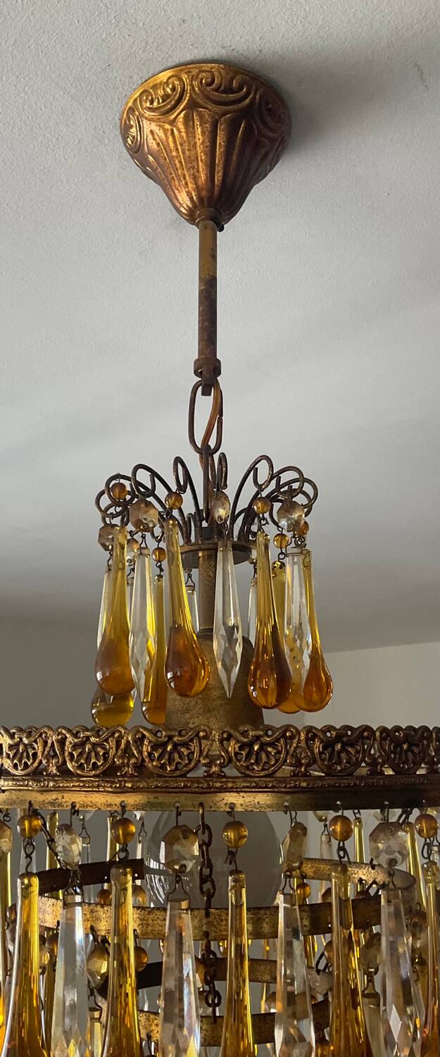 Vintage chandeliers with amber glass tassels and drops