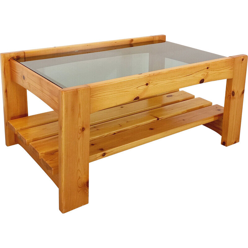 Vintage coffee table in pine and smoked glass, 1970-1980