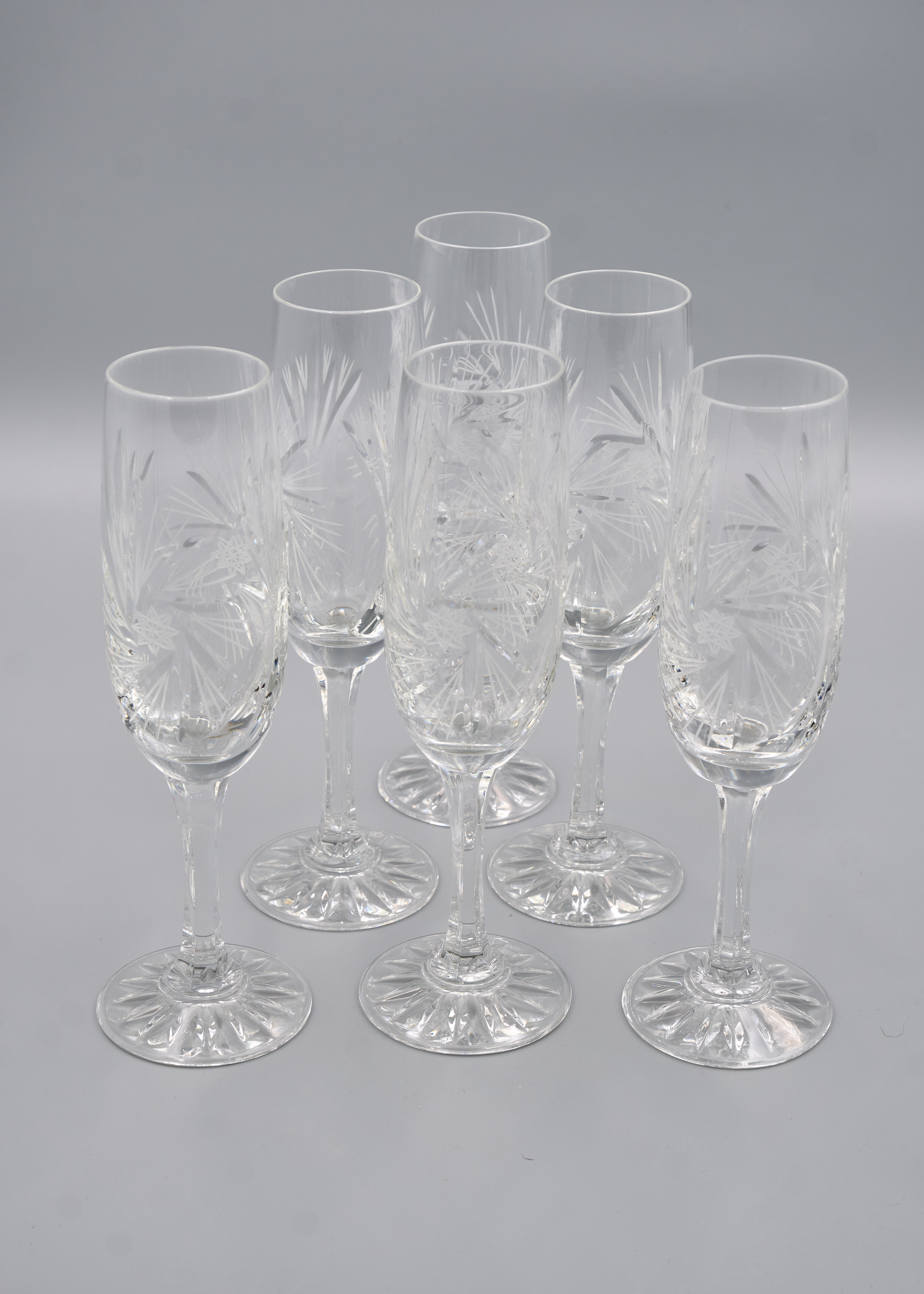 6 Vintage-Style Crystal Champagne Flutes, 1960s Style