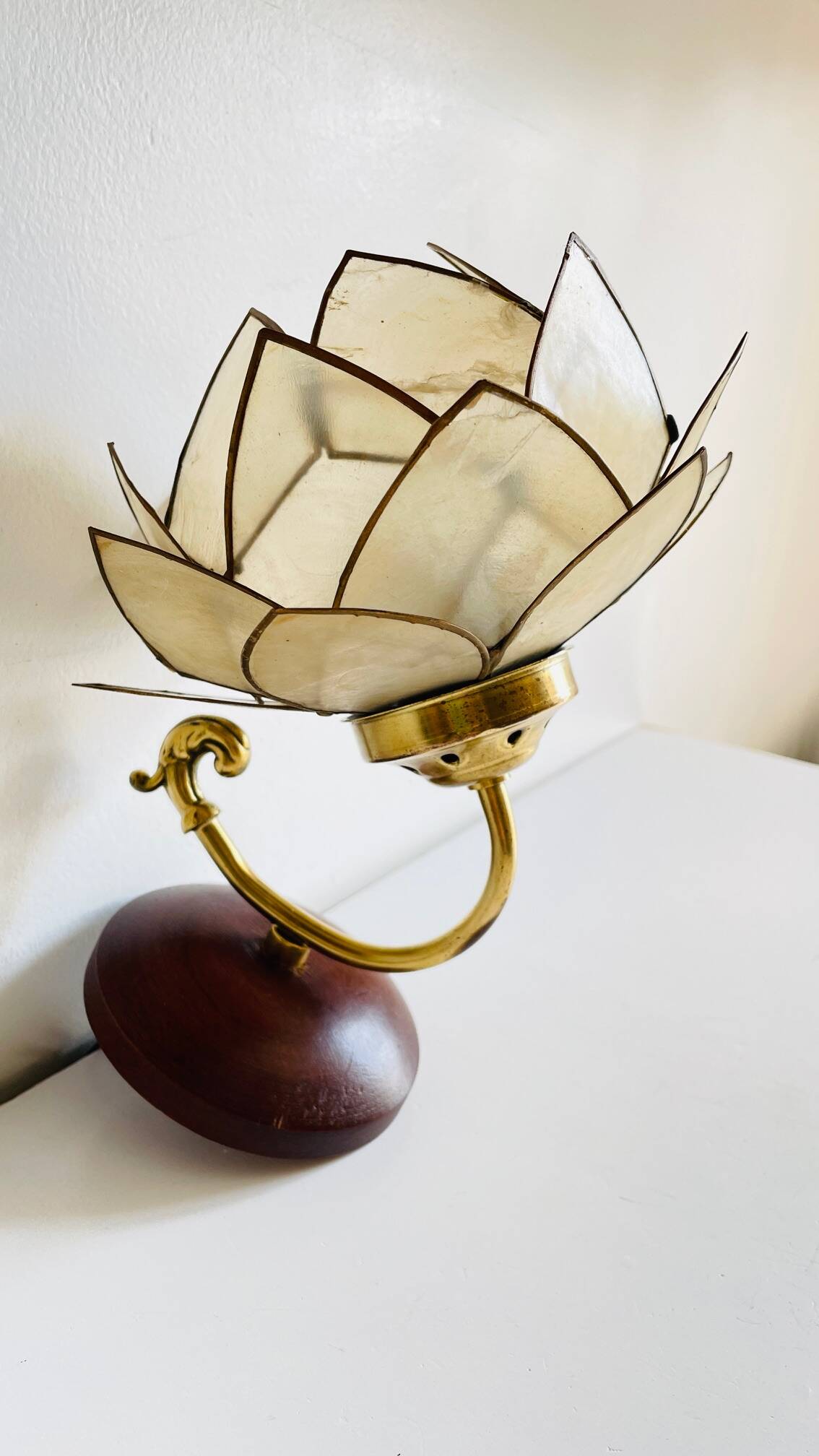 Vintage mother-of-pearl and brass flower wall lamp
