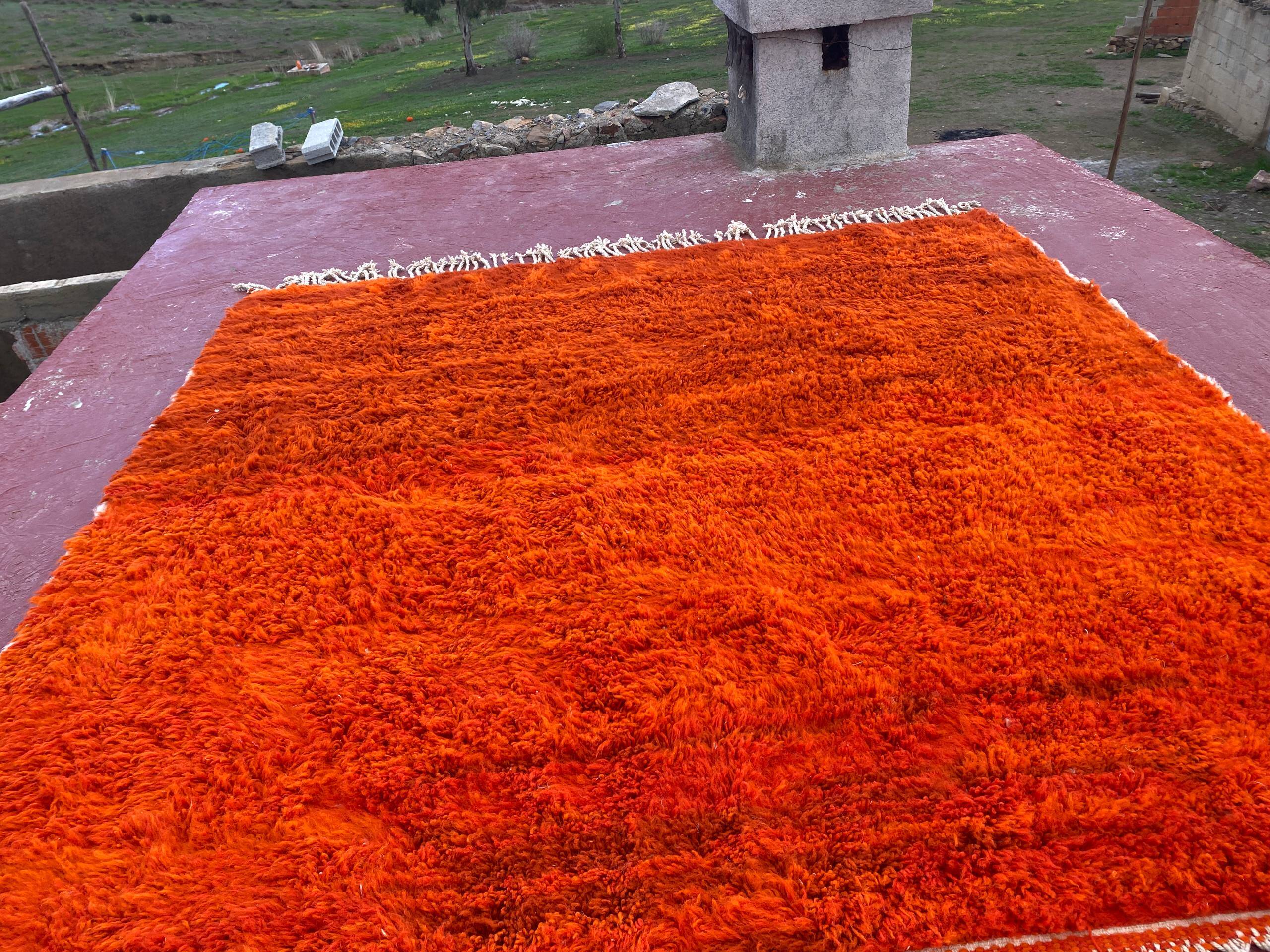 Large Beni Ouarain Rug 260x260 cm – Vibrant Orange Wool, Unique Piece
