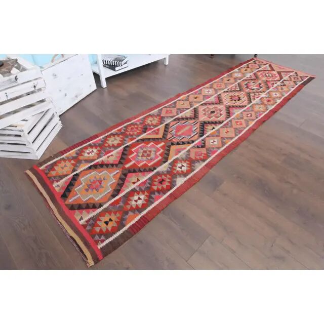 1970s Vintage Turkish Hand-Knotted Wool Cotton Red Runner Rug 83x314
