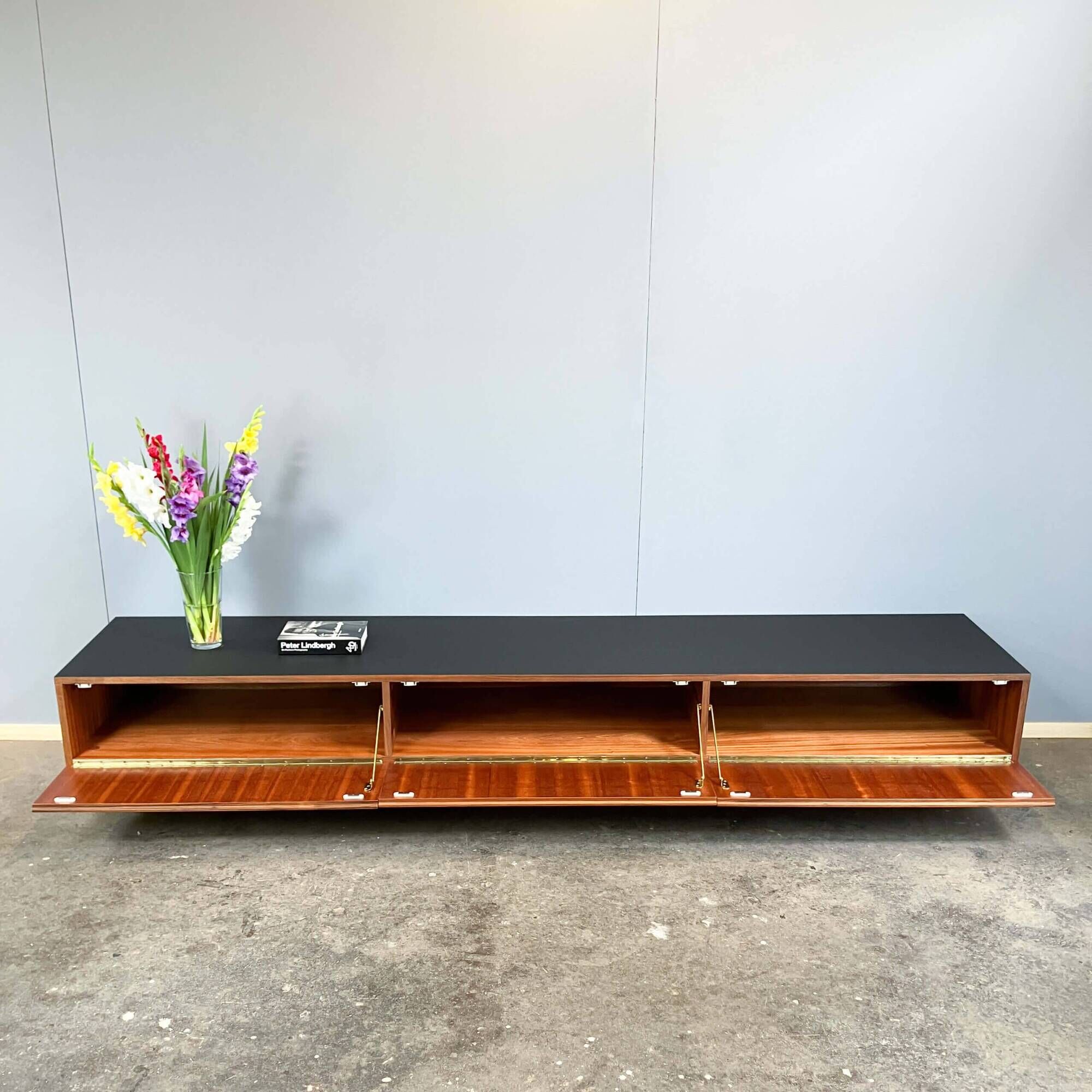 Minimalist XXL lowboard, teak and black top, 1960s