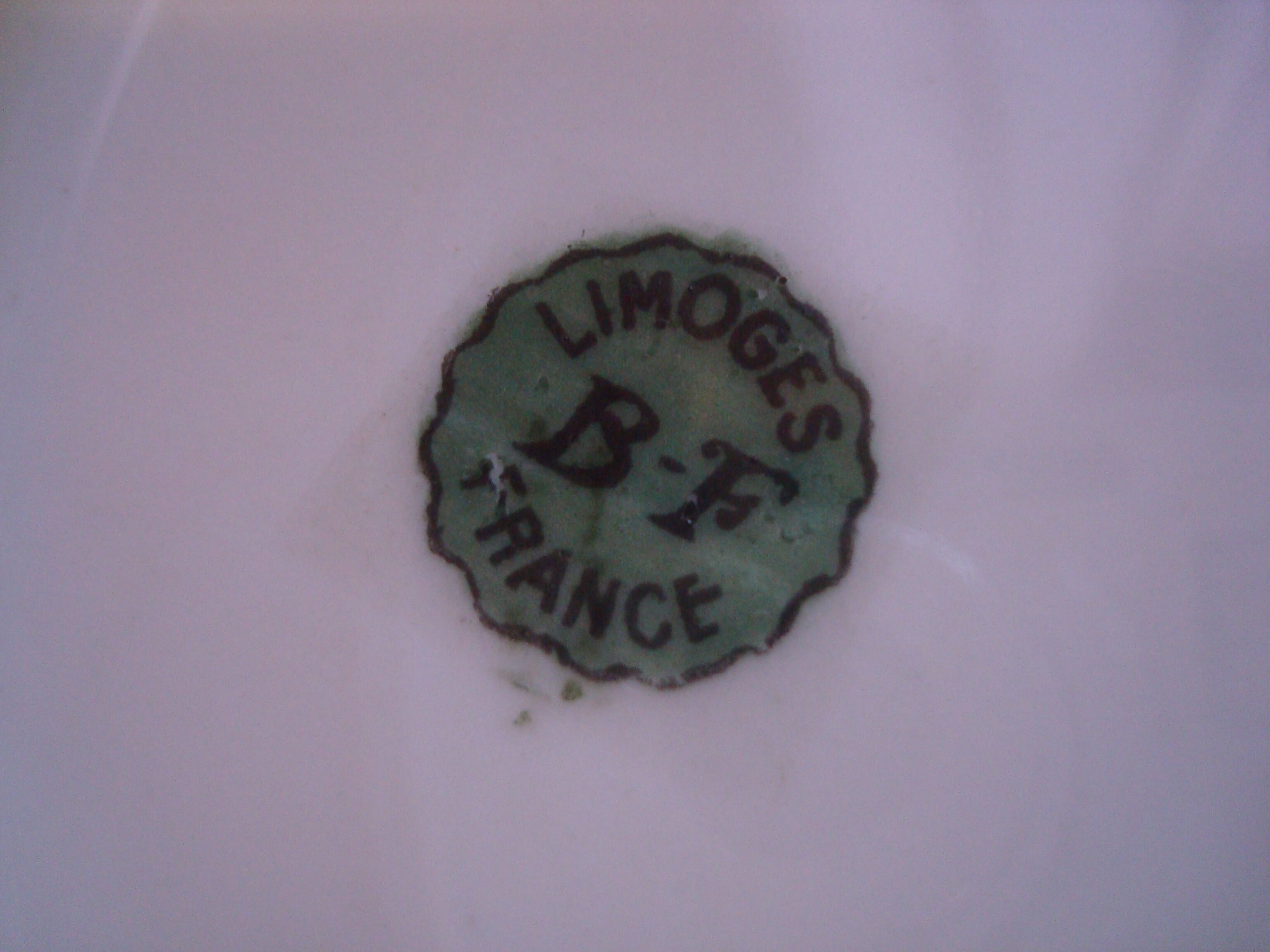 6 flat porcelain plates, "B.F Limoges" garlands of roses and geometric frieze, lot 1.