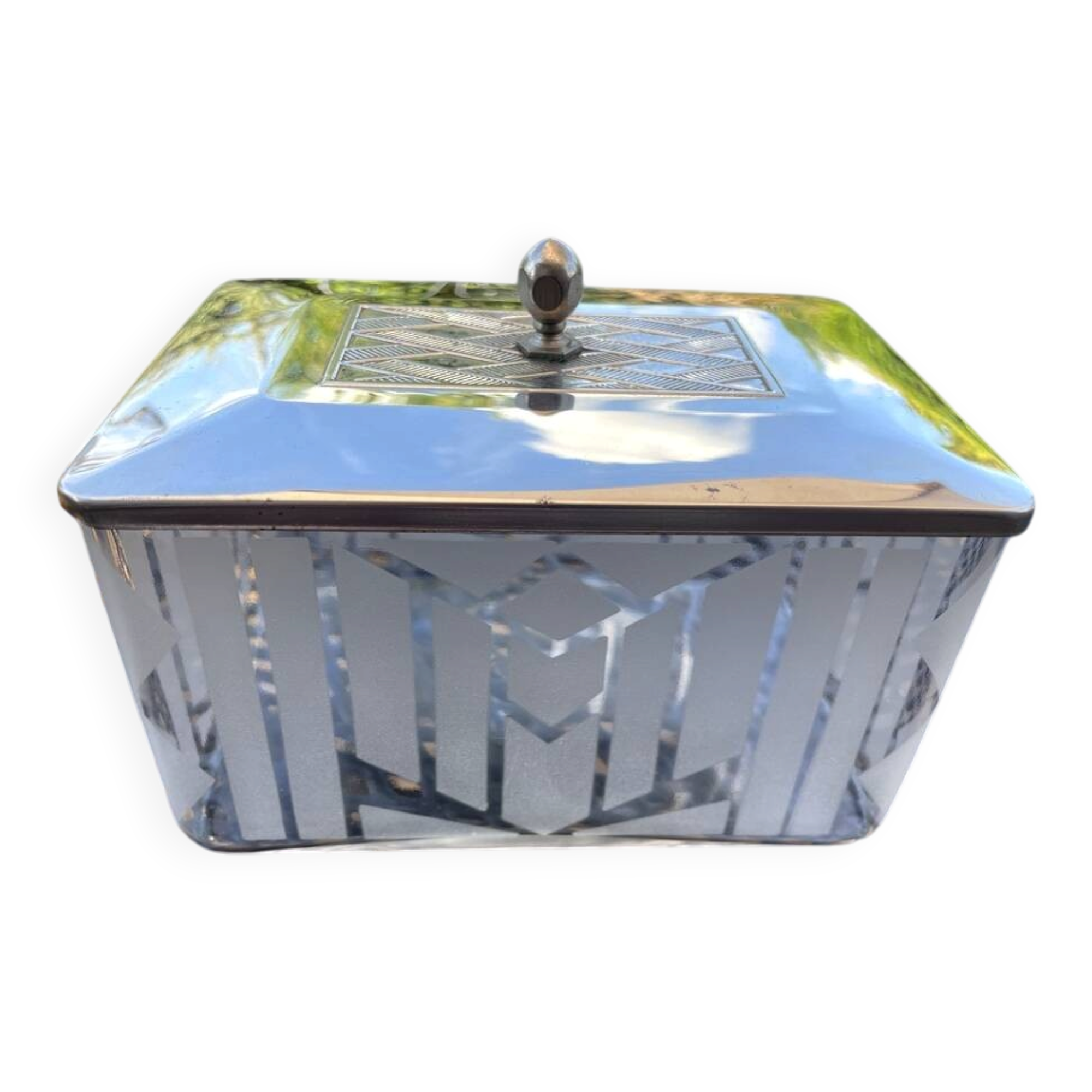 Art Deco biscuit tin in frosted glass with a silver lid, confectionery.