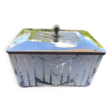 Art Deco biscuit tin in frosted glass with a silver lid, confectionery.