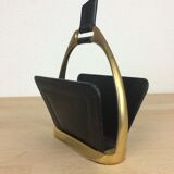 Porte lettres Longchamp en cuir noir et métal doré, années 50