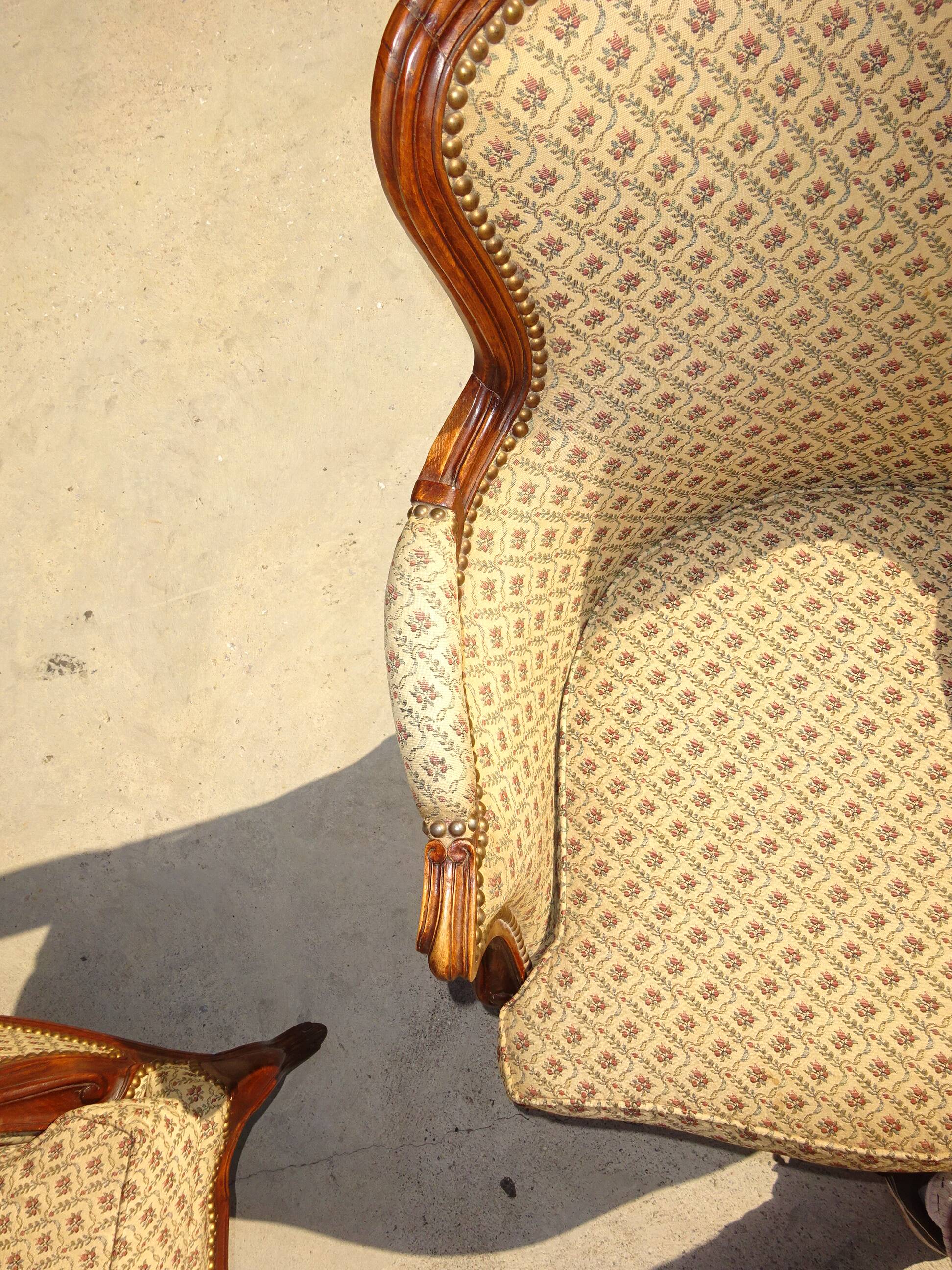 Bergère armchair in walnut and upholstered fabrics, set of 2