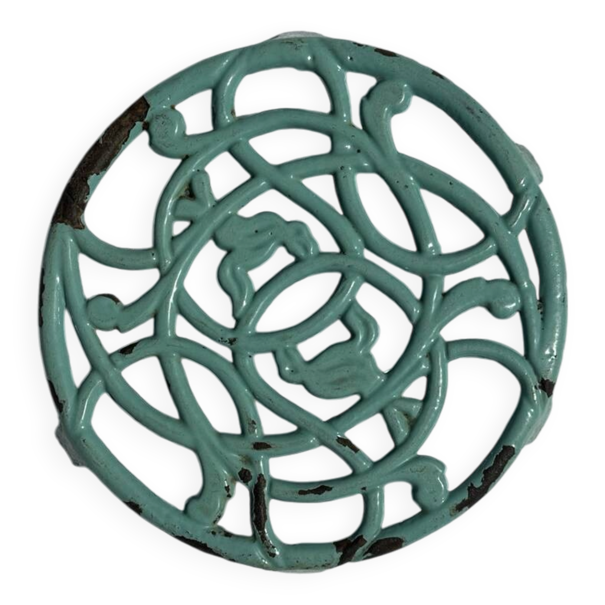 Enamelled cast iron trivet in blue with wrought iron decoration.