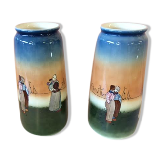 Pair of enamelled sandstone vases