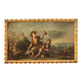 Painting oil on canvas landscape with children from the 18th century