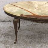 Table basse ovale vintage en onyx, marbre et laiton, 1950