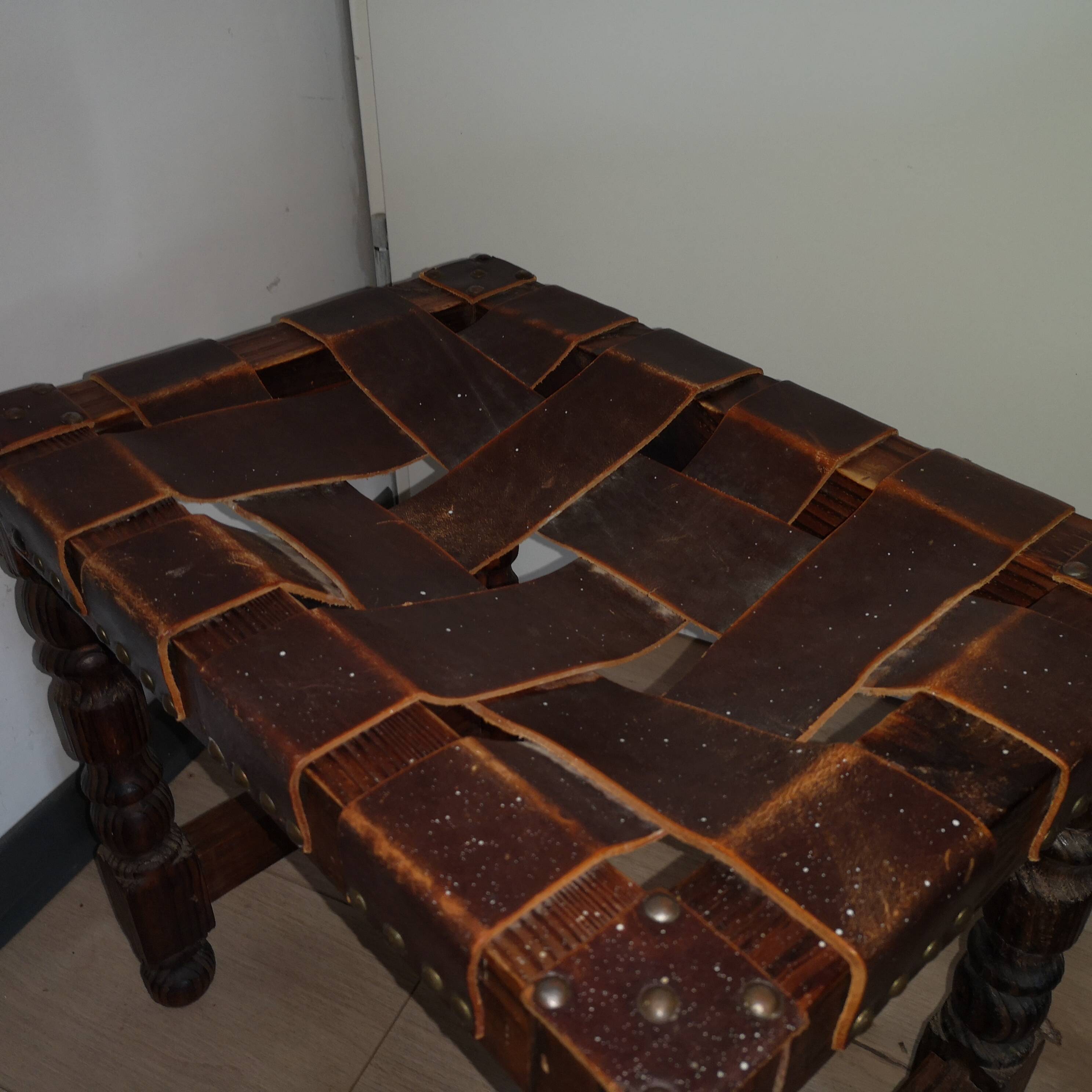 brutalist Spanish vintage leather stool 1960s