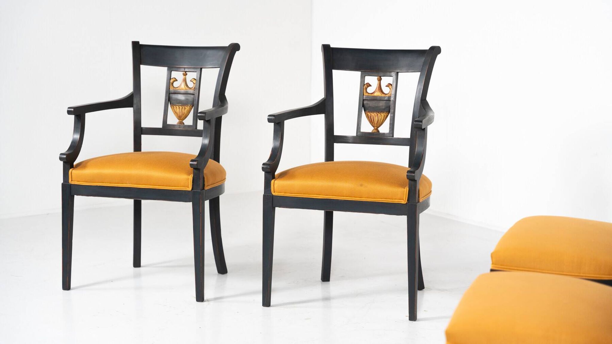 Set of 2 Black and Gold Armchairs and 4 Chairs, Empire style
