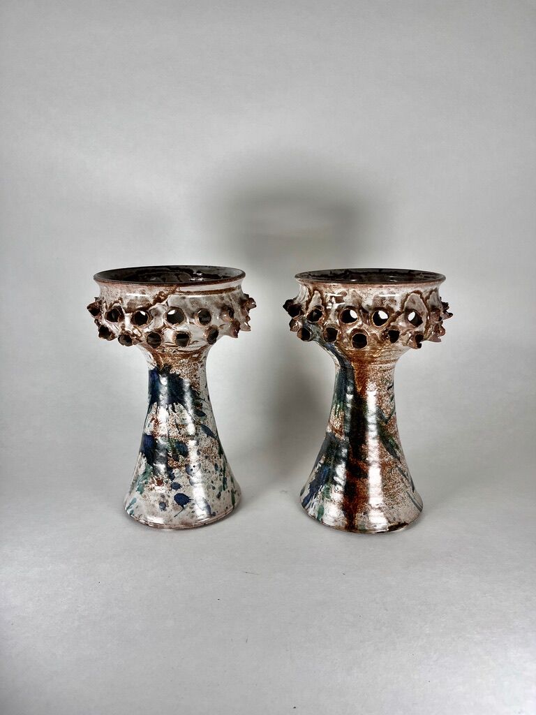 Pair of candle holders in vintage Danish ceramic 1970 signed