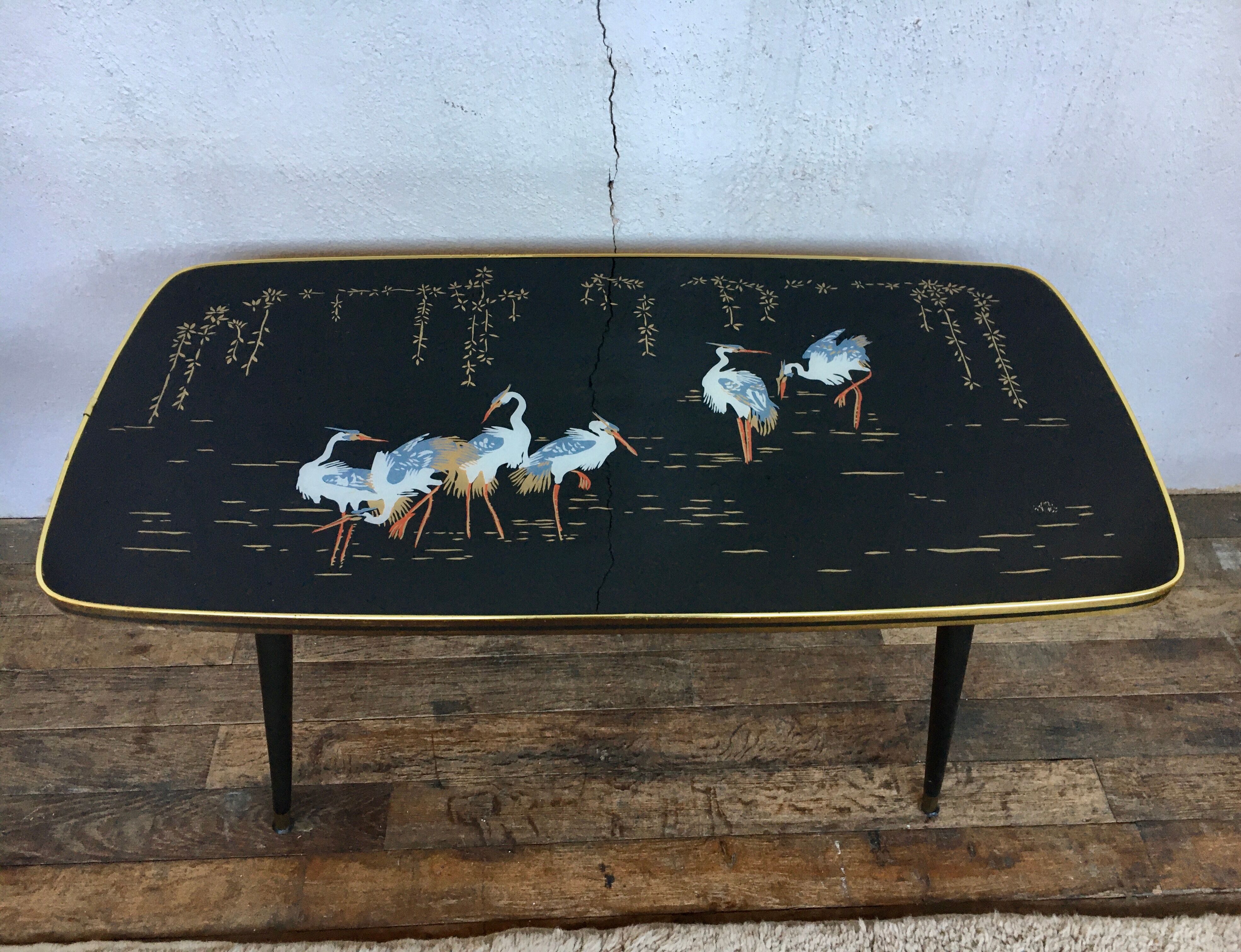 Table basse forme libre peinture sous verre heron jardin 1950 ancien