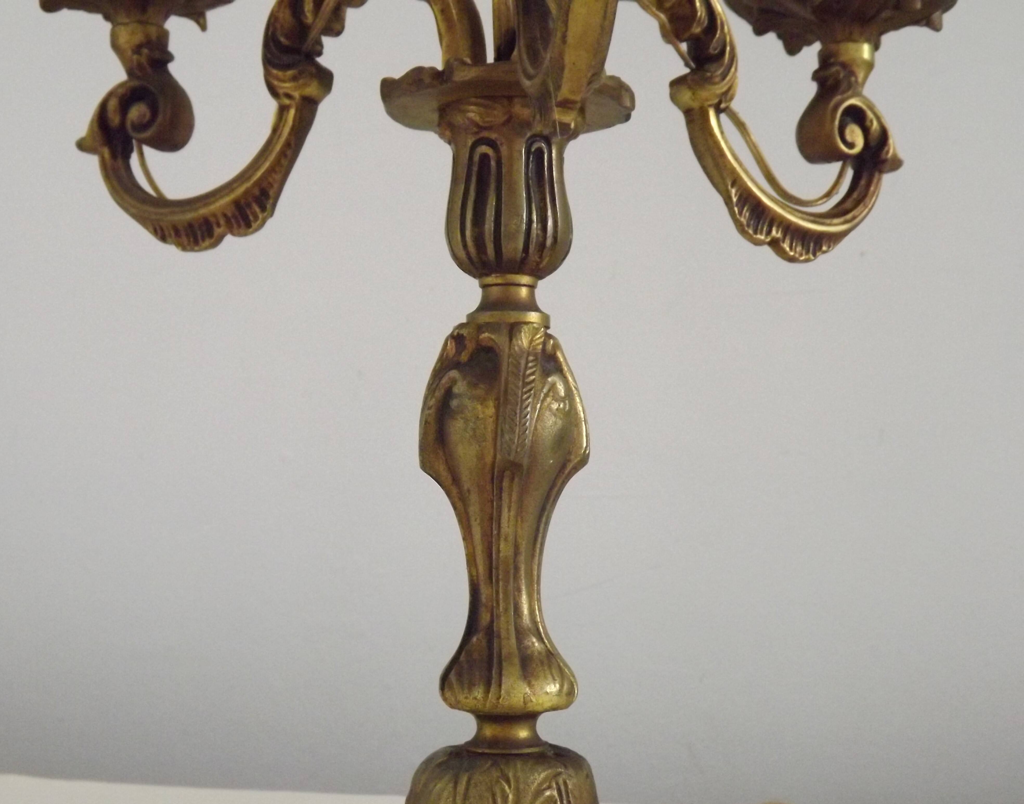 Bronze French Antique Art Nouveau 3-Light Candelabra Lamp Pleated Shade