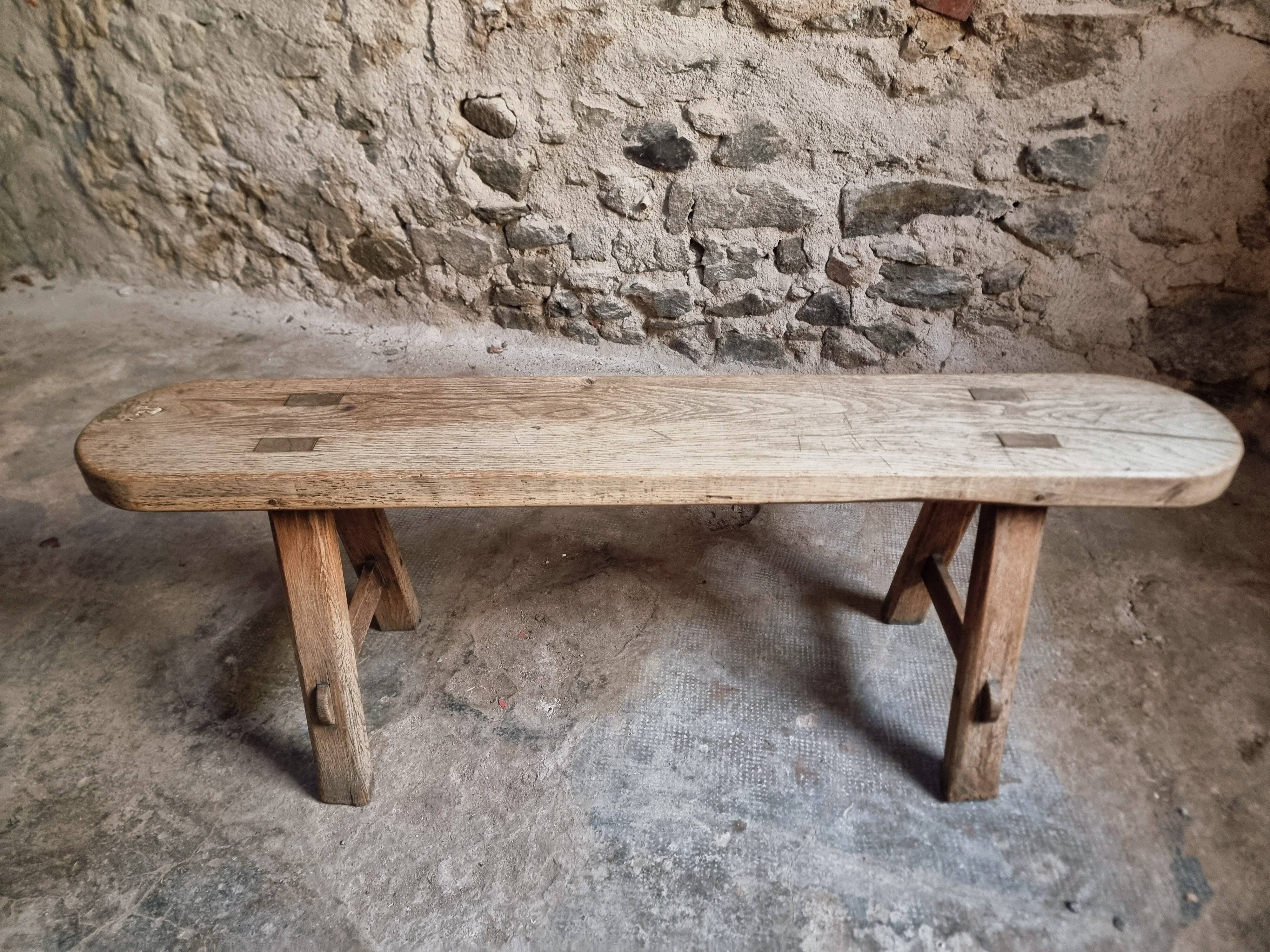 Vintage oak French bench – Rustic farmhouse seat – 1950s