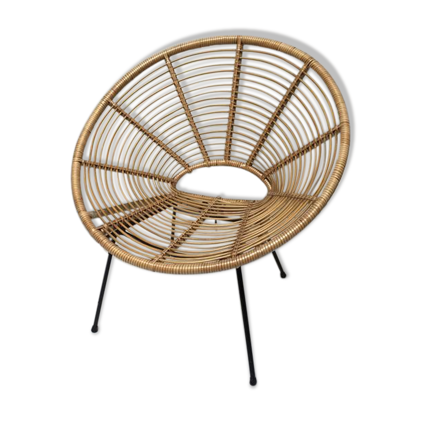 Fauteuil soleil rotin vintage pieds metal