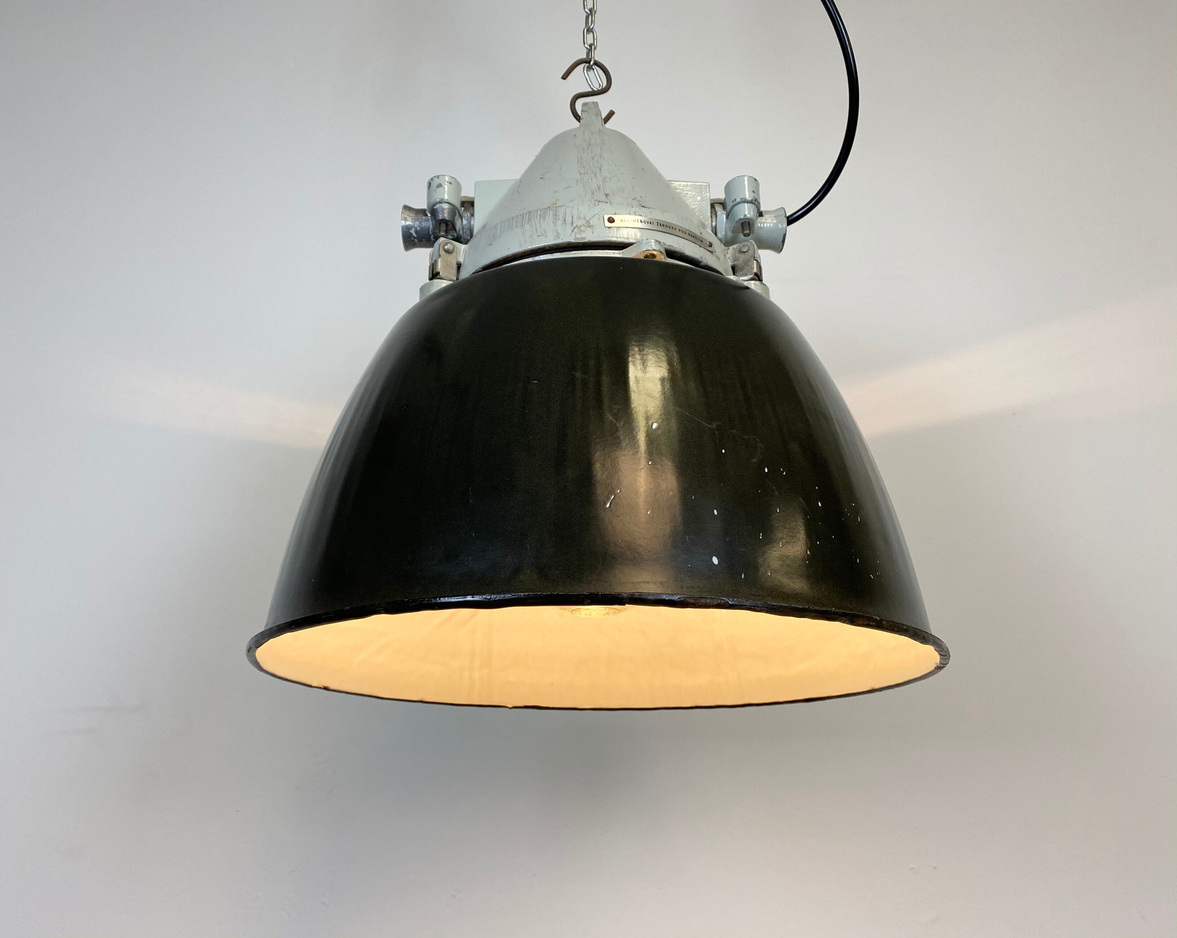 Grey cast aluminium explosion proof lamp with black enameled shade