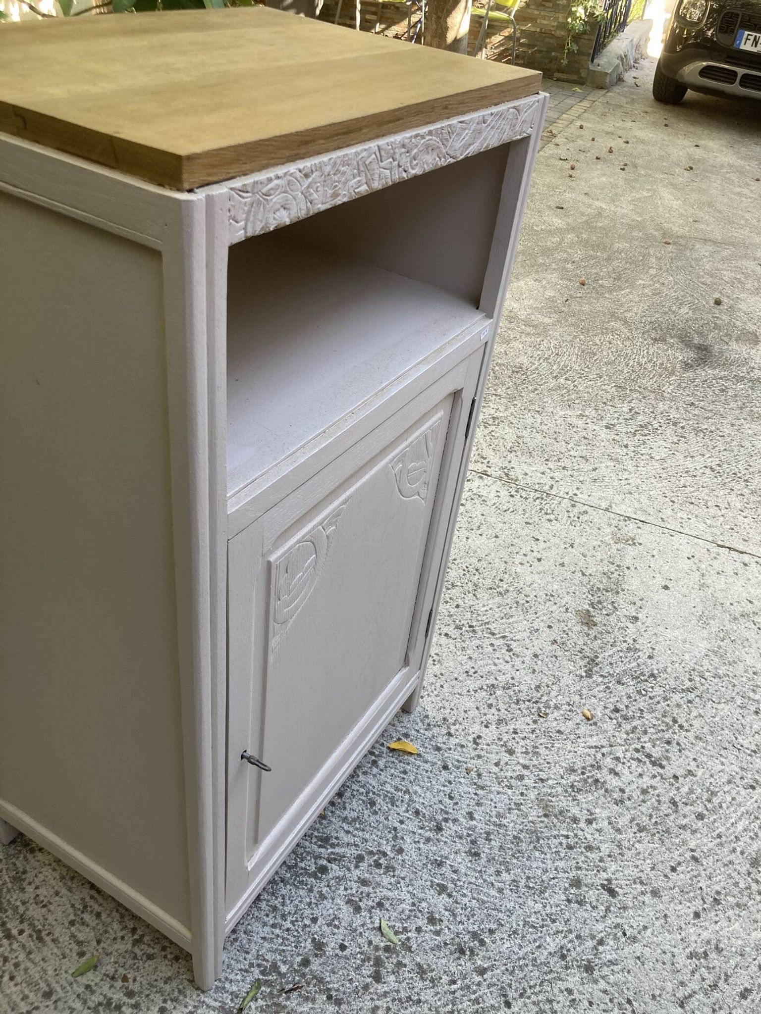 Beautiful art deco jam cupboard in delicate beige tone / and wicker basket