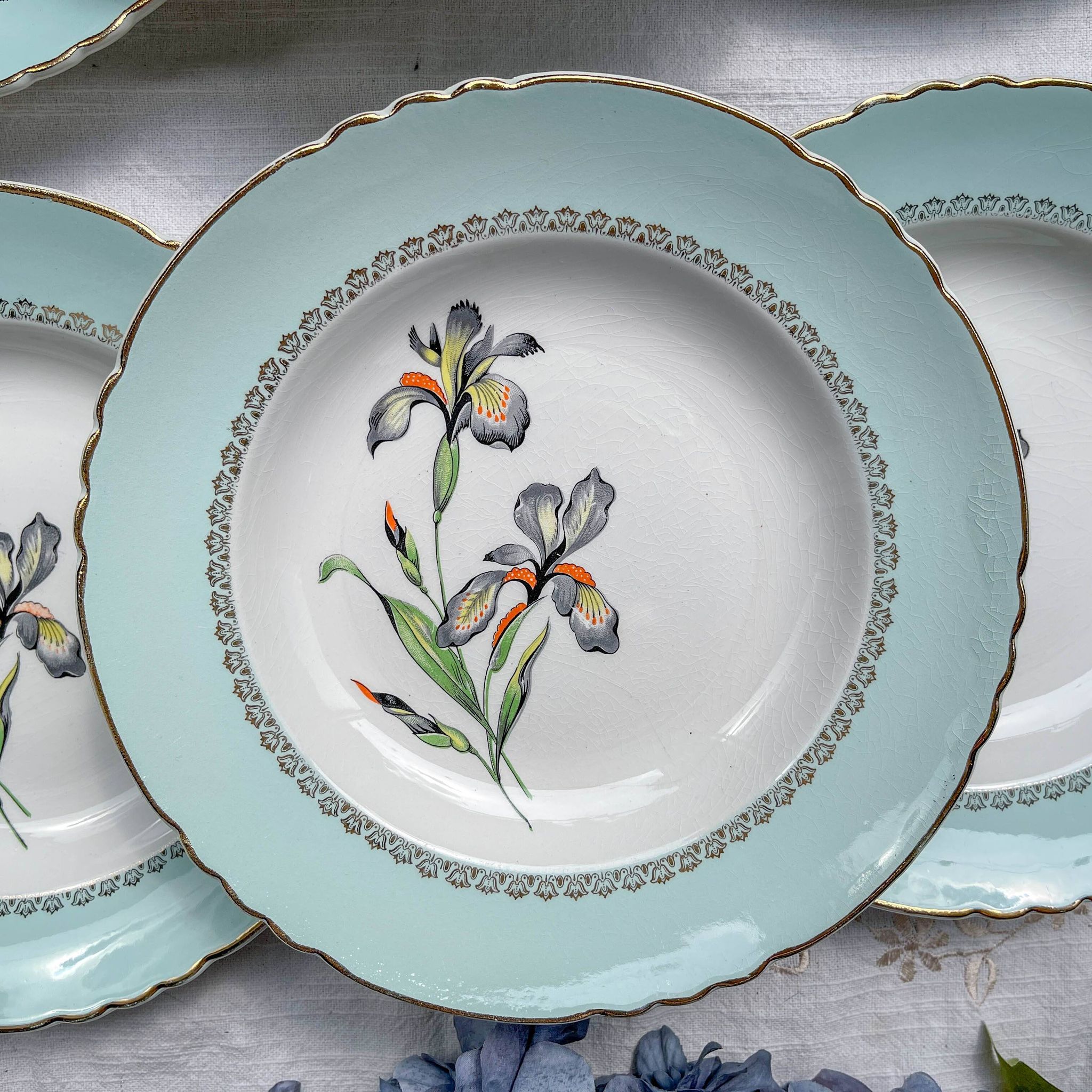 6 vintage white and green porcelain soup plates Iris Moulin des Loups "Sargosse" 1950s