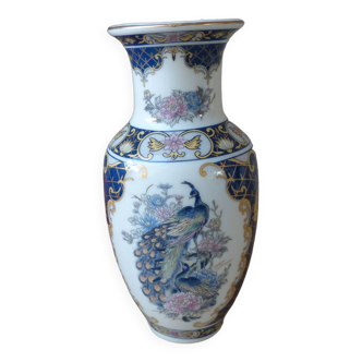 Vintage small white asian vase with peacock and flowers pattern made in japan