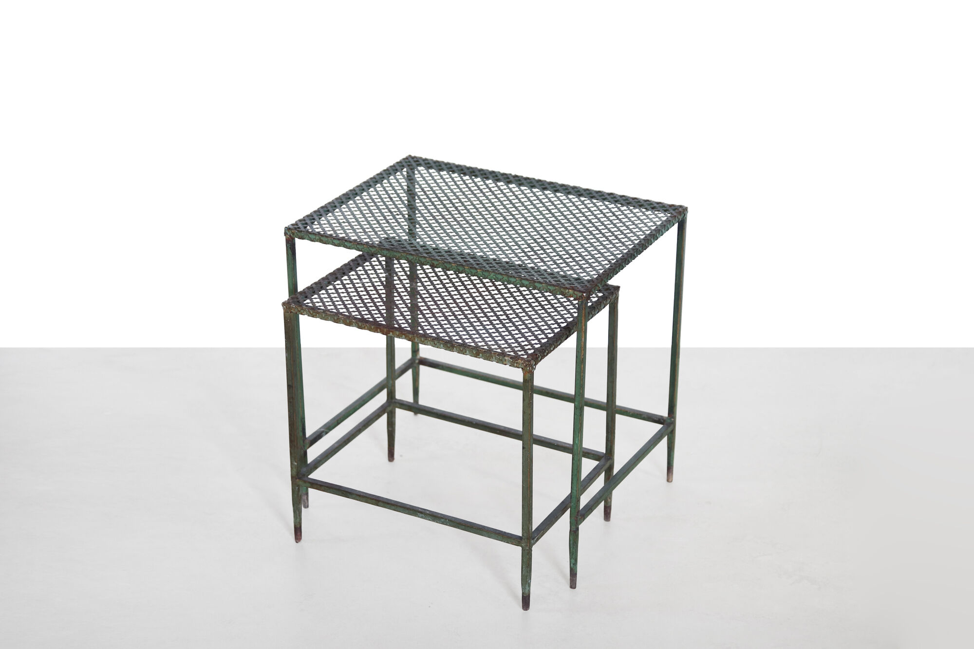 Set of two green Mathieu Matégot side tables, 1950s