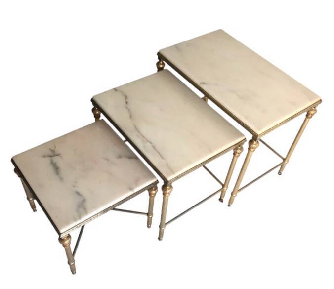 3 brass and marble nesting tables 1950