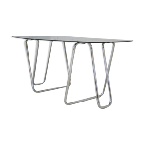 bureau tréteaux acier tubulaire plateau verre fumé circa 1970