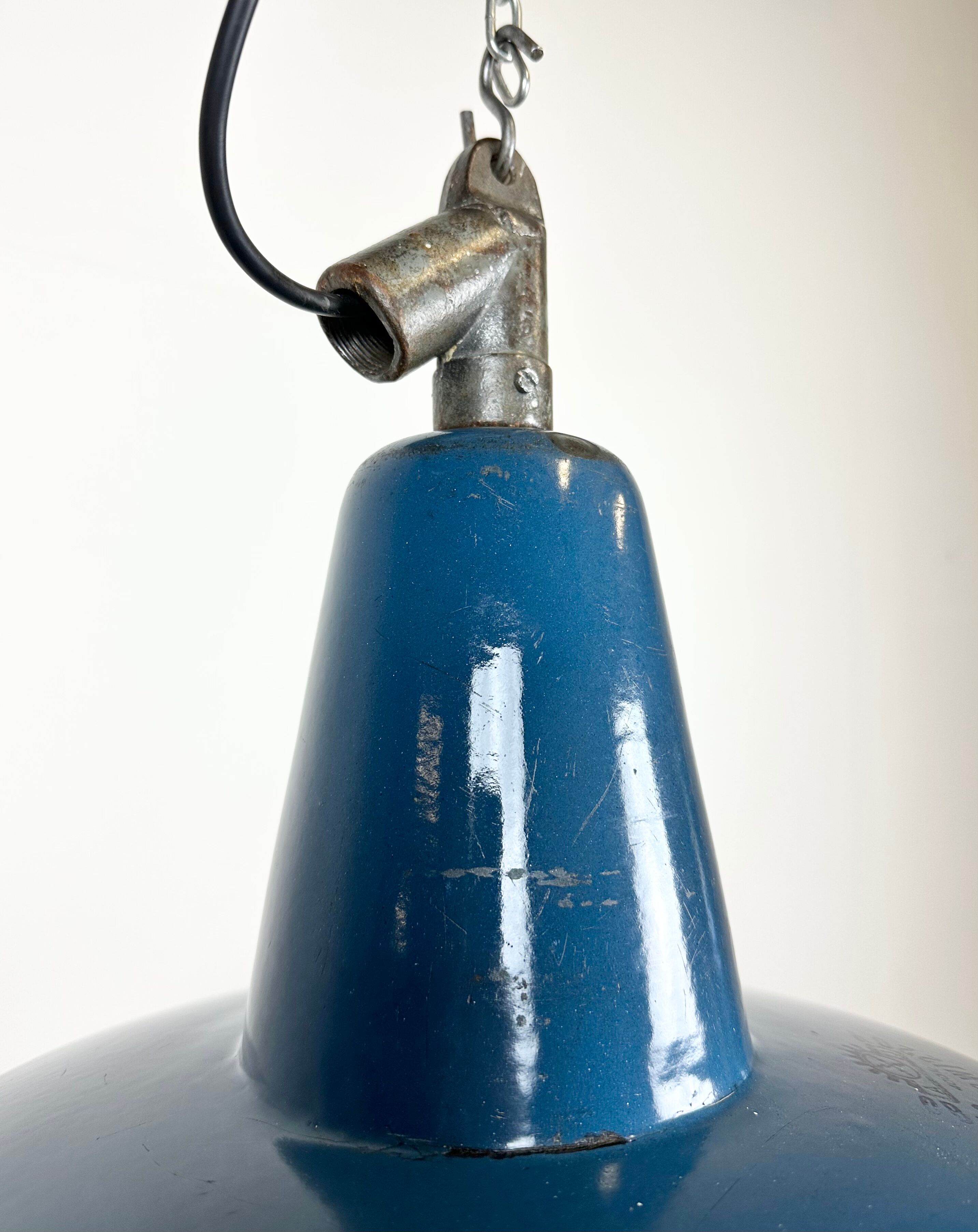 Industrial blue enamel factory lamp with cast iron top, 1960s