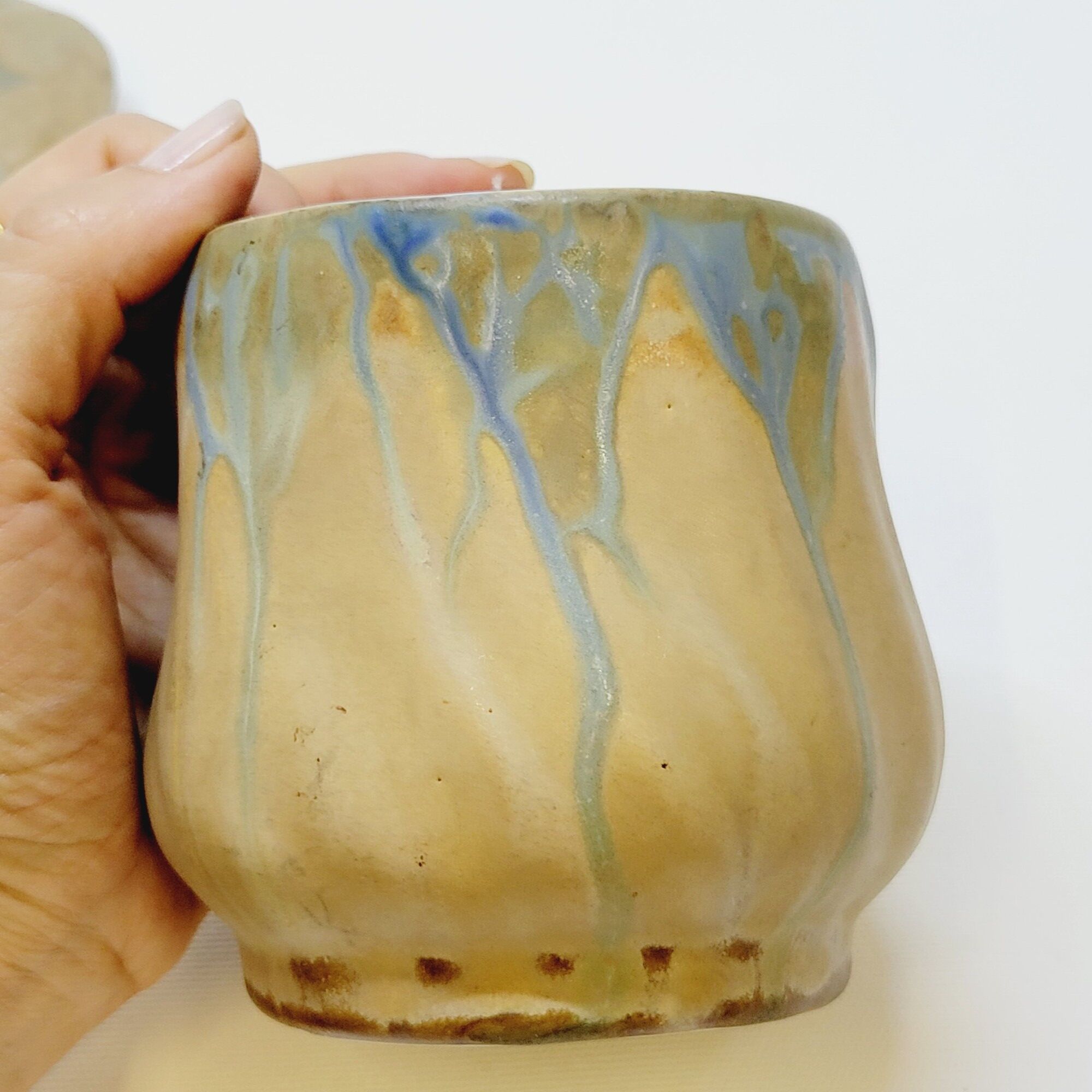 Gilbert Metenier Covered pot in beige and blue art nouveau flamed stoneware