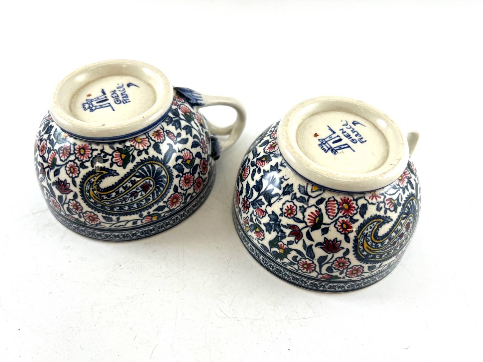 Antique GIEN duo of cups and saucers, Cashmere Bothee decor – French earthenware