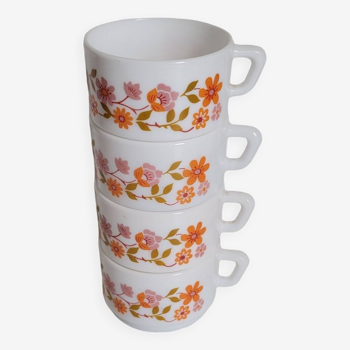 4 vintage white cups with orange flowers