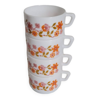 4 vintage white cups with orange flowers