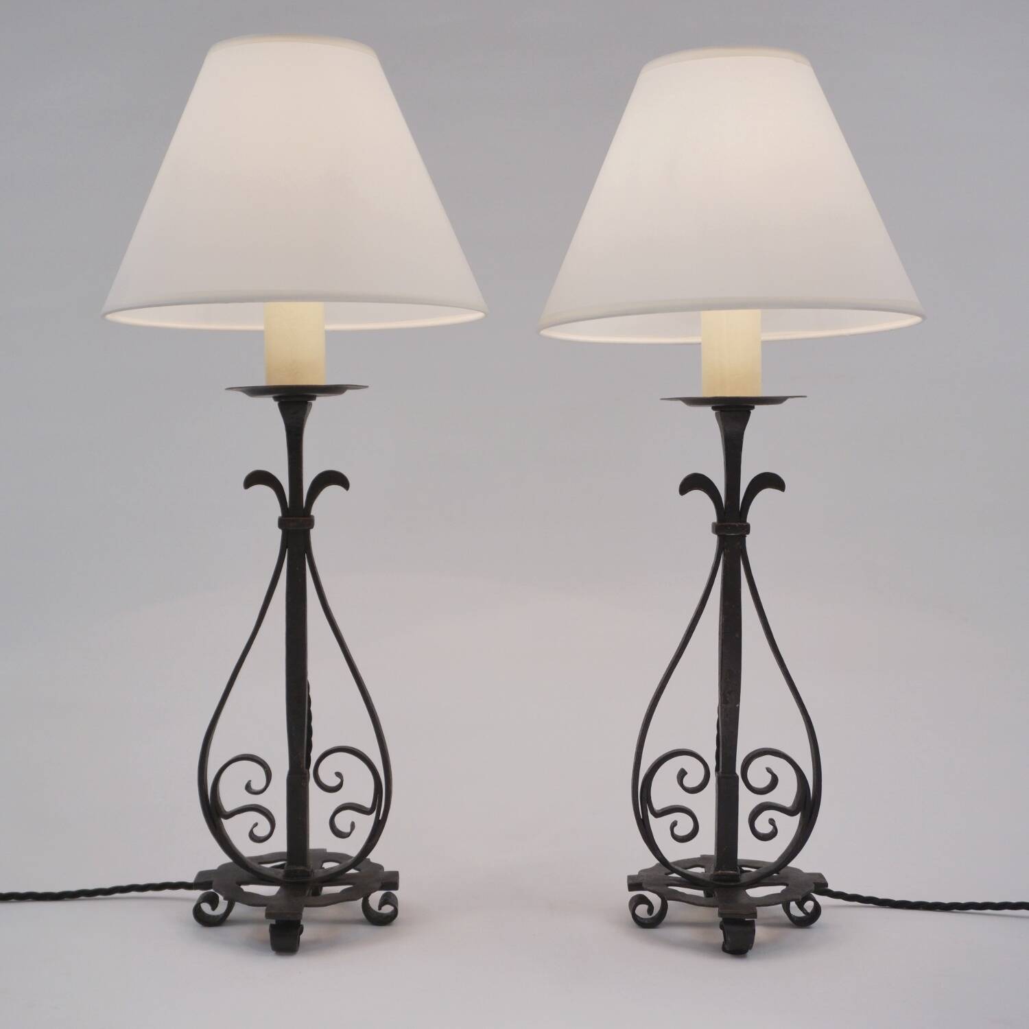Arts & Crafts pair antique wrought iron table lamps 1920's English, rewired