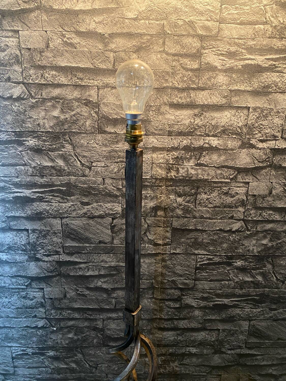 Brutalist tripod floor lamp in wrought iron