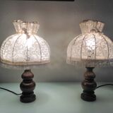 Pair of turned wooden bedside lamps and lace/vintage lampshade 60s-70s